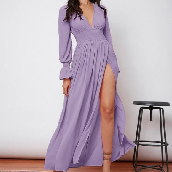 Boho purple shirred waist wrap hem maxi dress - Picture 4 of 10